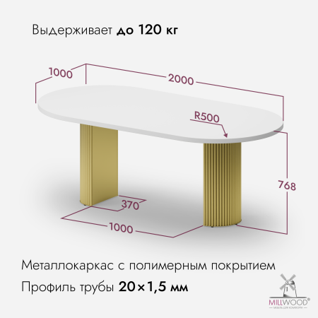 Стол Авиньон (2000х1000) 36 мм, ЛДСП Белый \ Металлокаркас Золотой