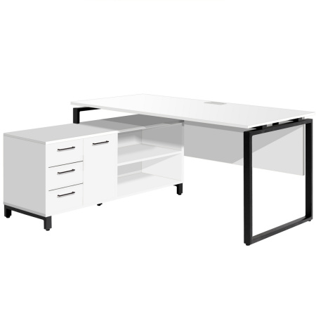 Стол руководителя Олесунн 2 с тумбой левой, ЛДСП Белый / Металлокаркас Черный