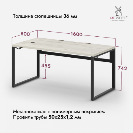 Стол Каир Смарт (1600х800), ЛДСП Дуб белый крафт \ Металлокаркас Черный
