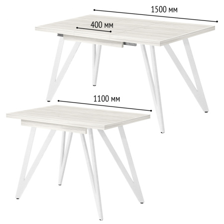 Стол раздвижной Женева 3 (1100/1500х700), ЛДСП Дуб белый крафт / Металлокаркас Белый
