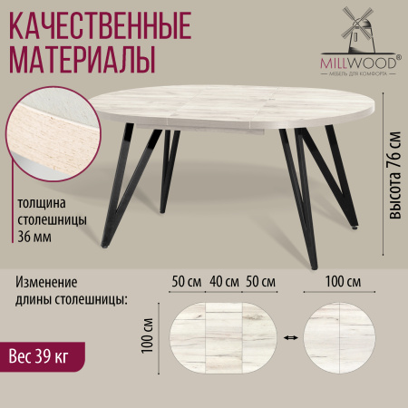 Стол раздвижной Женева 3 (D1000/1400х1000), ЛДСП Дуб белый крафт / Металлокаркас Черный Стол раздвижной Женева 3 (D1000/1400х1000), ЛДСП Дуб белый крафт / Металлокаркас Черный