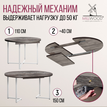 Стол раздвижной Лондон (D1100), ЛДСП Сосна пасадена / Металлокаркас Белый