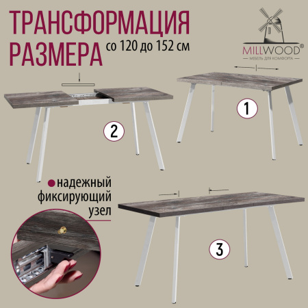 Стол Ванкувер раздвижной (1200/1520х700), ЛДСП Сосна пасадена / Металлокаркас Белый