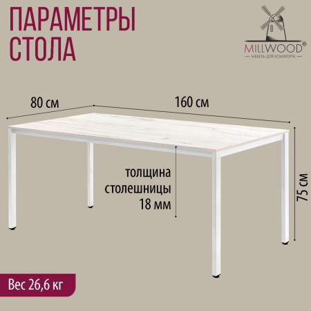 Стол Сеул (1600х800), ЛДСП Дуб белый крафт / Металлокаркас Белый