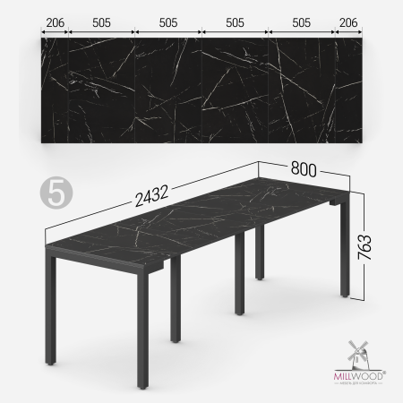 Стол Сиена раздвижной (412/2432х800), ЛДСП Мрамор Неро \ Металлокаркас Черный