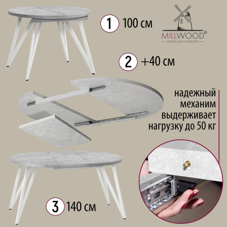 Стол раздвижной Женева 3 (D1000/1400х1000), ЛДСП Бетон / Металлокаркас Белый Стол раздвижной Женева 3 (D1000/1400х1000), ЛДСП Бетон / Металлокаркас Белый