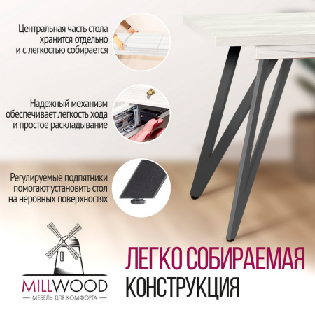 Стол раздвижной Женева 3 (1100/1500х700), ЛДСП Дуб белый крафт / Металлокаркас Графит