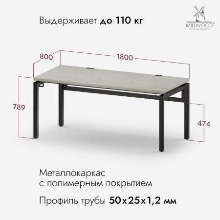 Стол Будапешт (1800х800), ЛДСП Дуб белый крафт \ Металлокаркас Черный