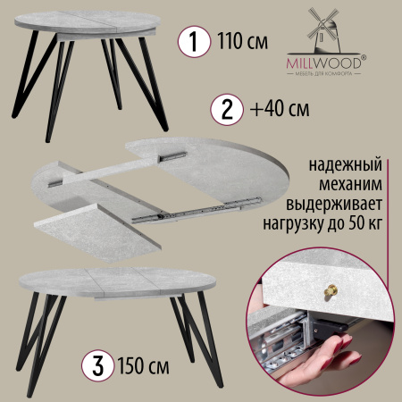 Стол раздвижной Женева 3 (D1100/1500х1100), ЛДСП Бетон / Металлокаркас Черный