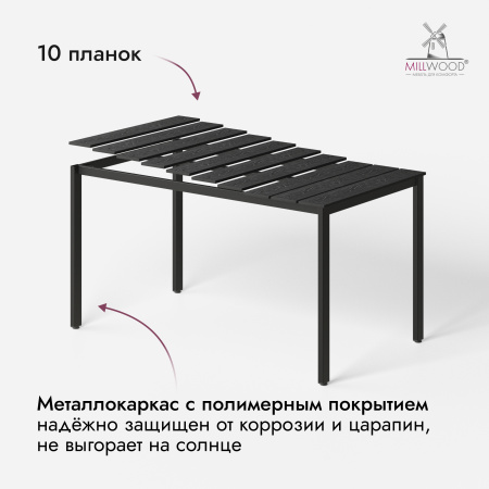 Стол Сеул Террасный (1400x800),  Заборная доска Серая \ Металлокаркас Черный