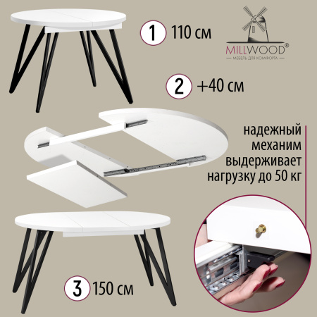 Стол раздвижной Женева 3 (D1100/1500х1100), ЛДСП Белый / Металлокаркас Графит