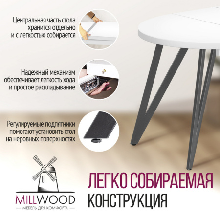 Стол раздвижной Женева 3 (D1100/1500х1100), ЛДСП Белый / Металлокаркас Графит