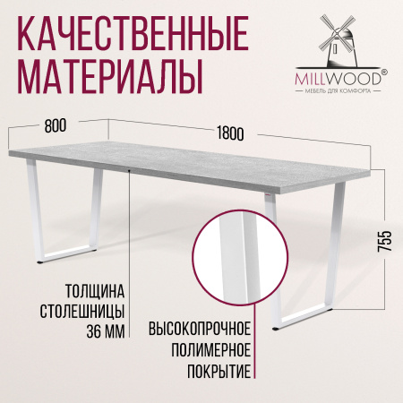 Стол Уэльс (1800х800), ЛДСП Бетон/ Металлокаркас Белый