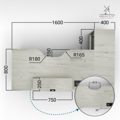 Стол угловой Каир с полкой (2000х1200), ЛДСП Дуб белый крафт \ Металлокаркас Черный