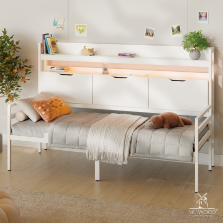 Кровать Чикаго односпальная со стеллажом и RGB-подсветкой (800х2000), ЛДСП Белый \ Металлокаркас Белый