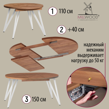 Стол раздвижной Женева 3 (D1100/1500х1100), ЛДСП Дуб табачный крафт / Металлокаркас Белый