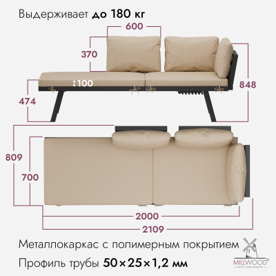 Диван садовый Анталия, Ткань Бежевый Оксфорд \ Металлокаркас Черный