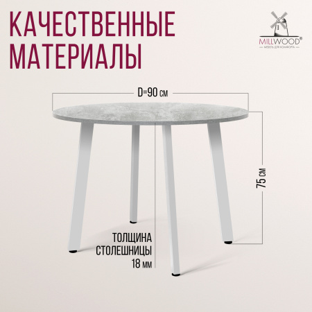 Стол Шанхай (D900) 18мм, ЛДСП Бетон / Металлокаркас Белый