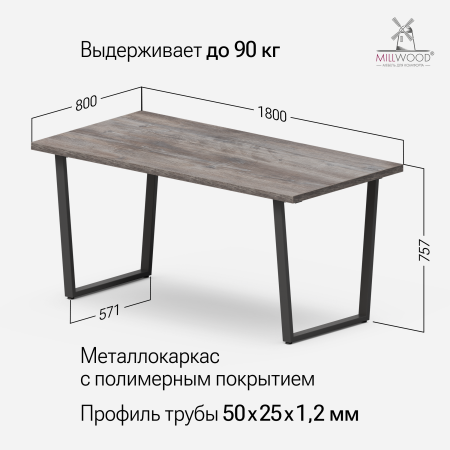 Стол Уэльс (1800х800), ЛДСП Сосна пасадена/ Металлокаркас Черный