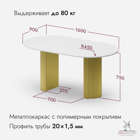 Стол Авиньон (1600х900) 18 мм, ЛДСП Белый \ Металлокаркас Золотой