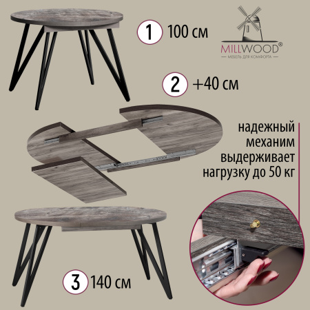 Стол раздвижной Женева 3 (D1000/1400х1000), ЛДСП Сосна пасадена / Металлокаркас Черный