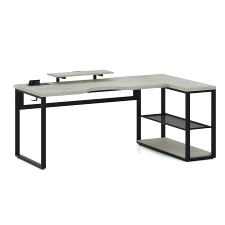 Стол угловой Каир с полкой (2000х1200), ЛДСП Дуб белый крафт \ Металлокаркас Черный