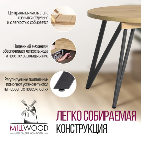 Стол раздвижной Женева 3 (D1100/1500х1100), ЛДСП Дуб золотой крафт / Металлокаркас Графит