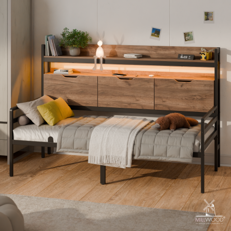 Кровать Чикаго односпальная со стеллажом и RGB-подсветкой (800х2000), ЛДСП Дуб табачный крафт \ Металлокаркас Черный