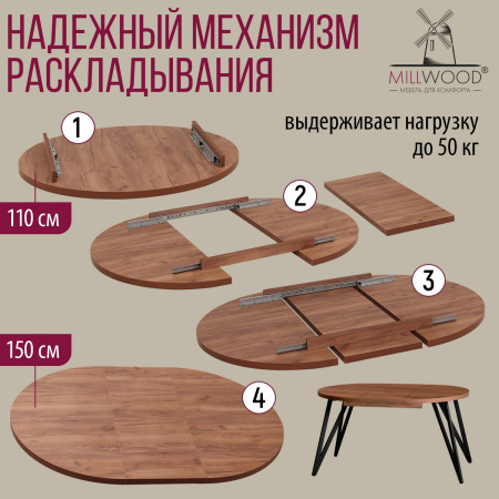 Стол раздвижной Женева 3 (D1100/1500х1100), ЛДСП Дуб табачный крафт / Металлокаркас Черный