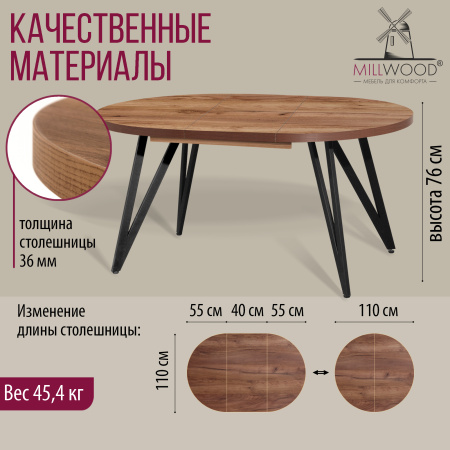 Стол раздвижной Женева 3 (D1100/1500х1100), ЛДСП Дуб табачный крафт / Металлокаркас Черный