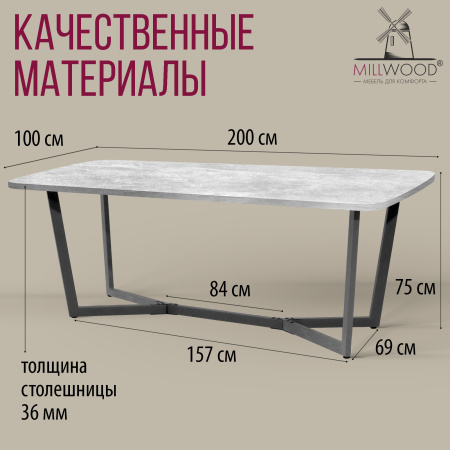 Стол Мюнхен (2000х1000), ЛДСП Бетон / Металлокаркас Графит Стол Мюнхен (2000х1000), ЛДСП Бетон / Металлокаркас Графит