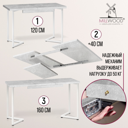Стол раздвижной Лондон (1200/1600х800), ЛДСП Бетон / Металлокаркас Белый