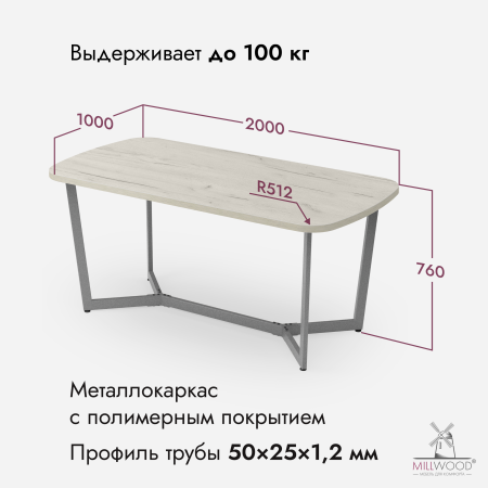 Стол Мюнхен (2000х1000), ЛДСП Дуб белый крафт / Металлокаркас Графит